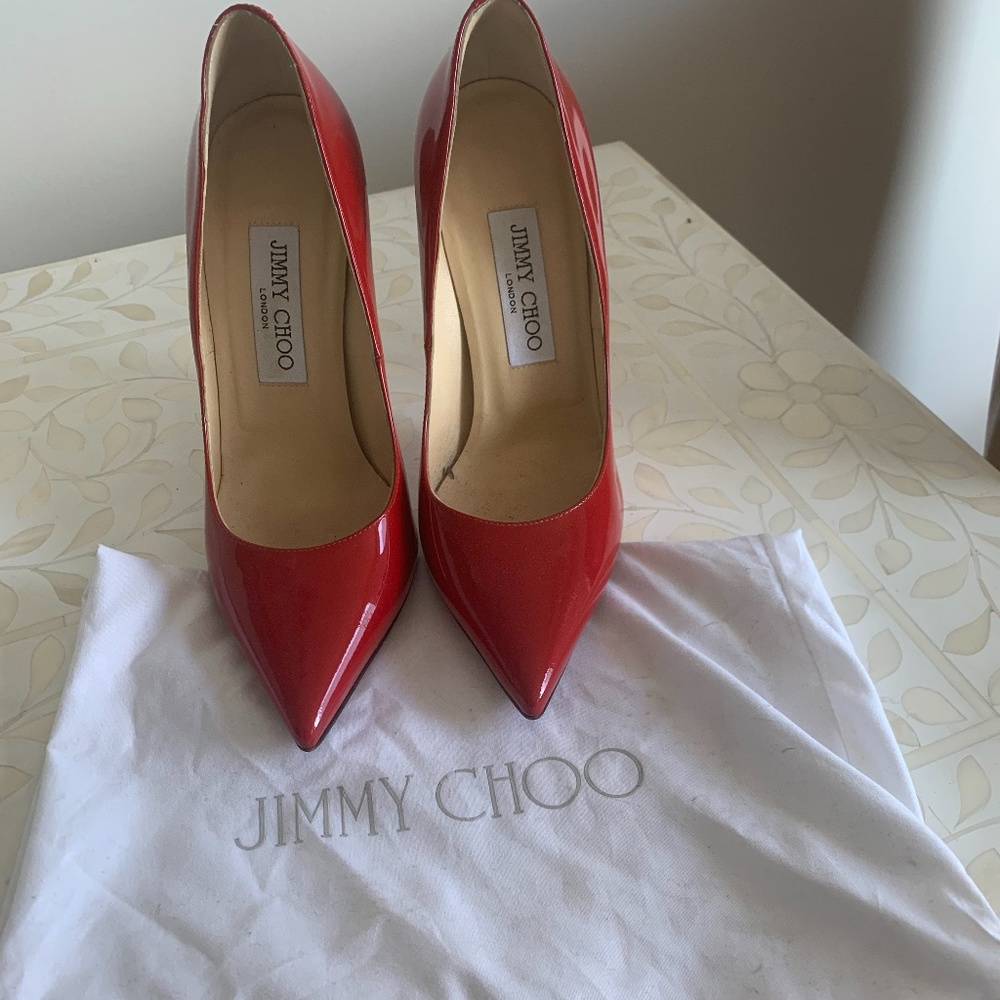 Red Patent Leather Jimmy Choo Anouk 120cm Sz 36.5